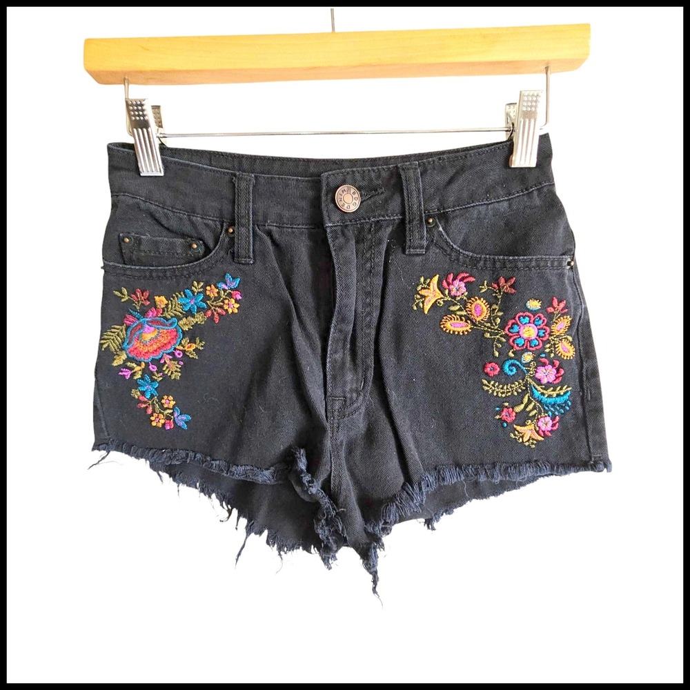 BDG Embroidered Denim Shorts Festival Frayed Hem Cheeky High Rise 25